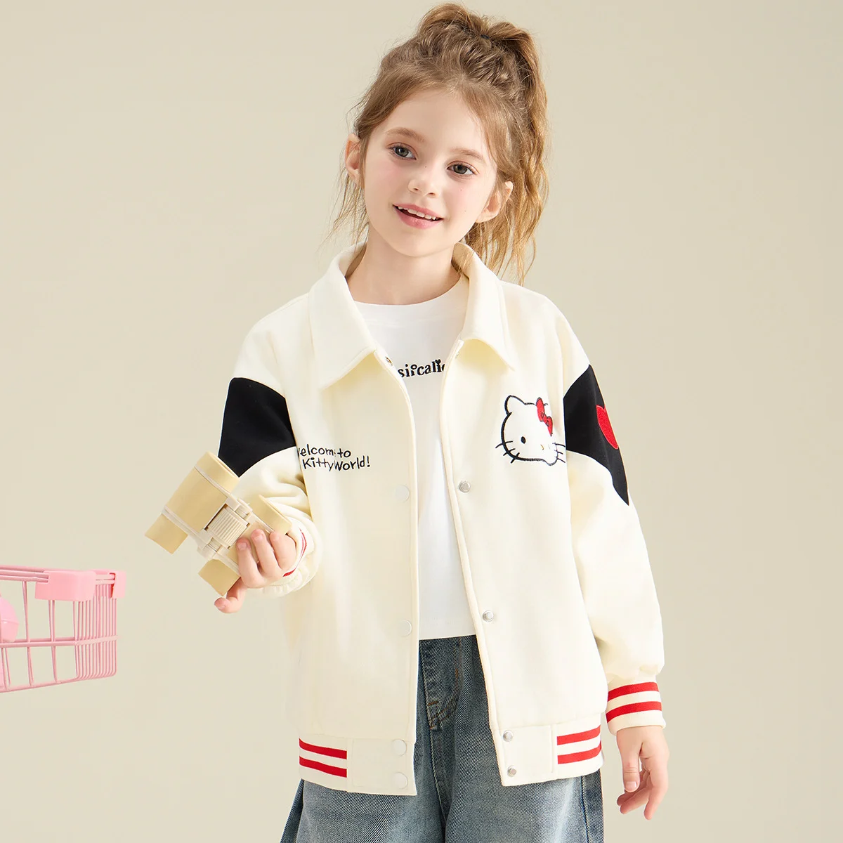 

[Genuine Licensed] Sanrio Hello Kitty Girls' Autumn Sports Cartoon Style Turn-Collar Fashion Loose Elegant Vibrant Outerwear