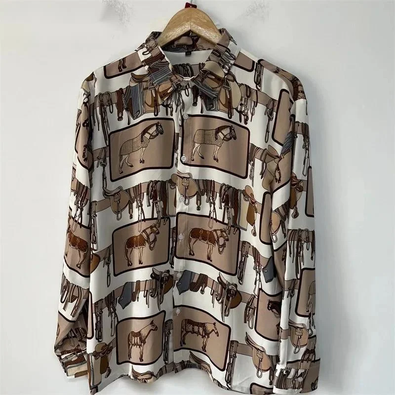 Steed Harness Print Long Sleeve Shirt Men Earth Tone Loose Turn Down Collar Single Breasted Casual All Match Shirts GD3G