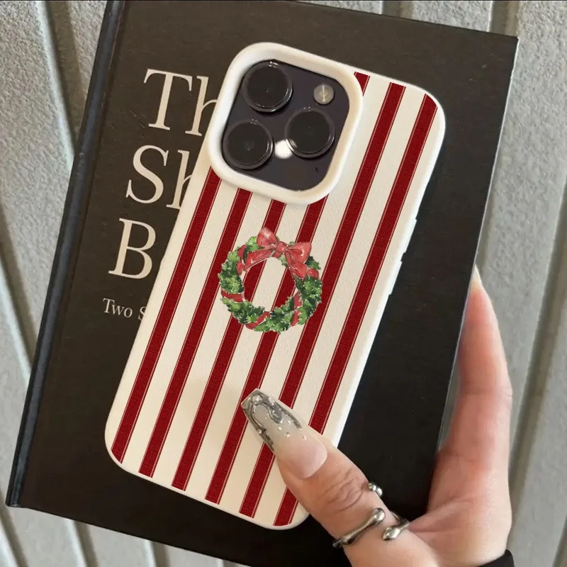 Red Striped Christmas Wreath Pattern Lychee Texture Phone Case For iPhone 11 12 13 14 15 16 X XS 17 Pro Max Plus  16E Soft Cover