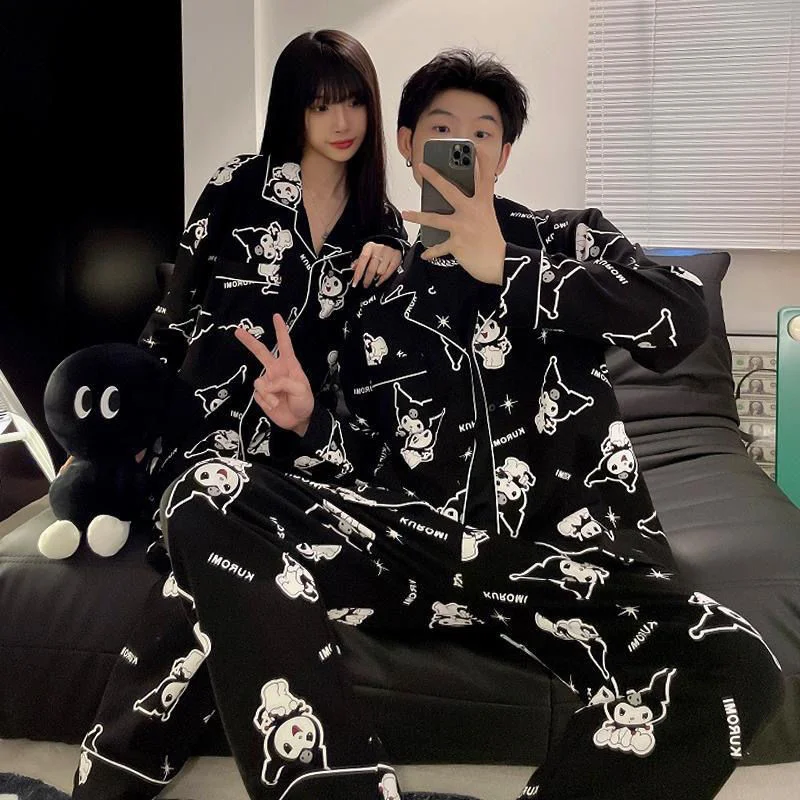 Sanrio Kuromi Cartoon Couple Pajamas Women Men Spring Autumn Cotton Long Sleeve Top Shirt Pants 2 Piece Set Y2k Sleepwear Suit