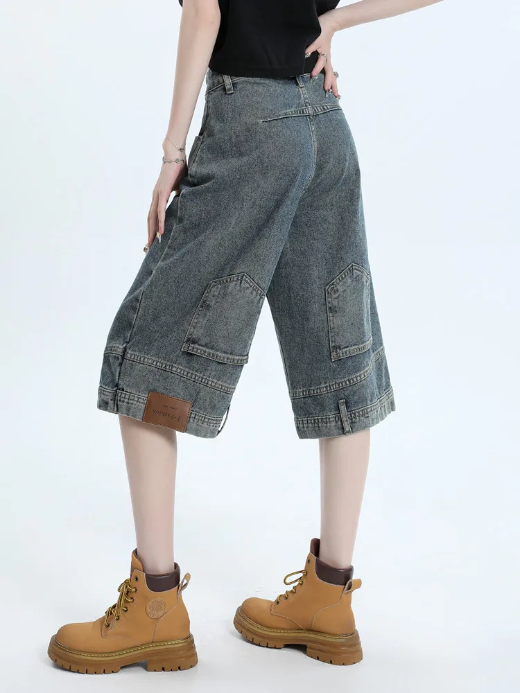 

Summer American High Street Inversion Retro Demin shorts Women Y2K Loose Casual Wide Leg Jean Shorts Middle Pants Fashion Baggy