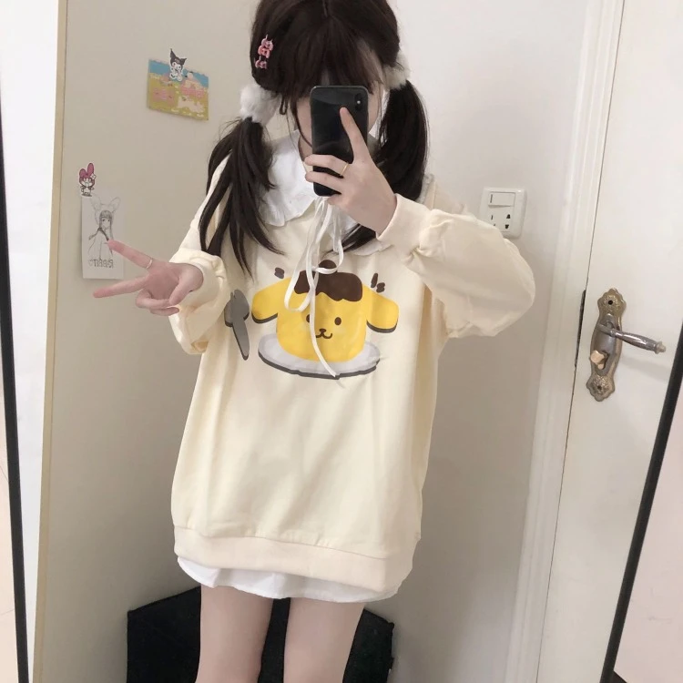 Apricot Kawaii Cartoon Sweatshirts Women 2024 Autumn New Mid-length Loose Tops Y2k E-Girl Long Sleeve Pullover Sweatshirt Tshirt