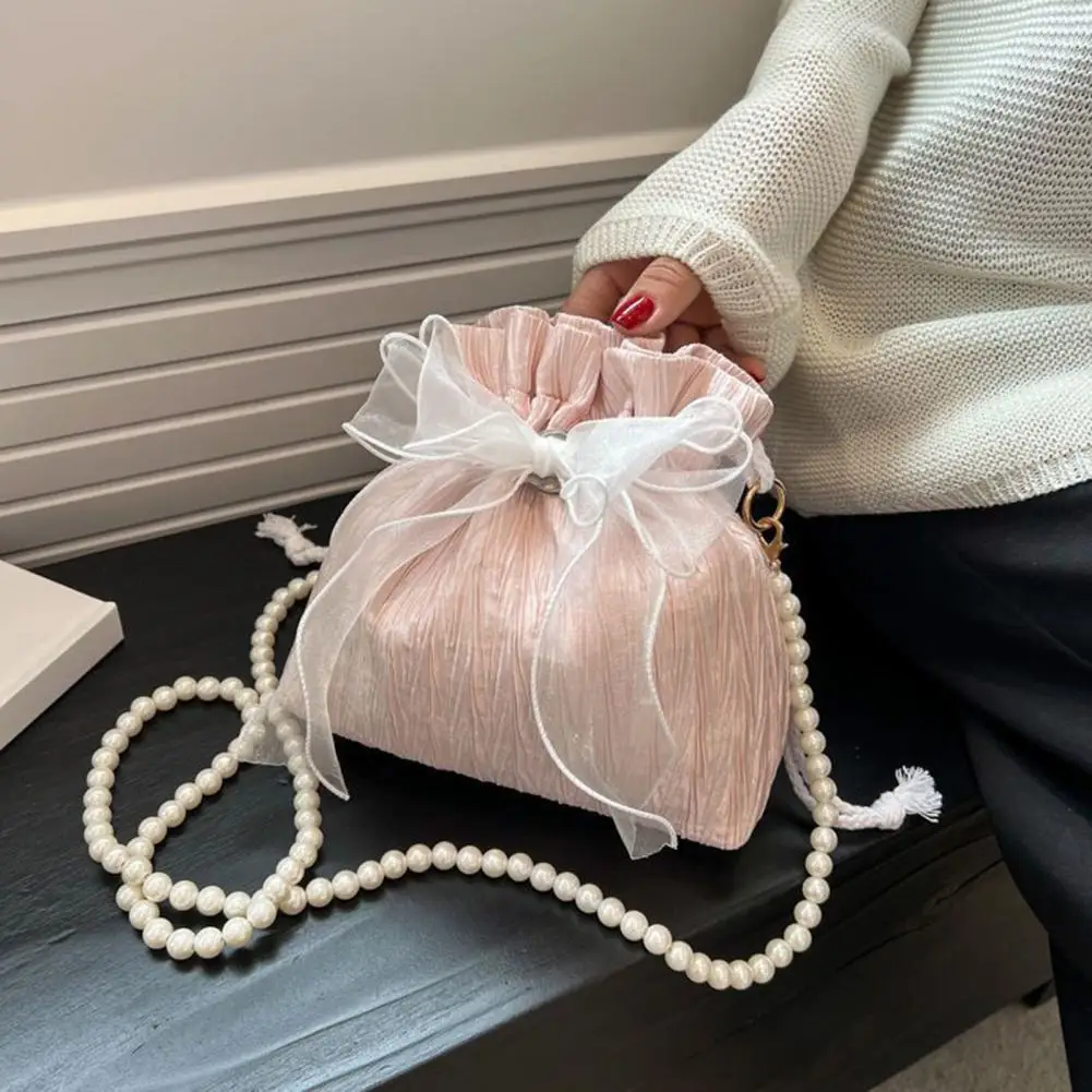 

Women Drawstring Bag Elegant Tulle Bowknot Shoulder Bag with Detachable Pearl Chain Stylish Crossbody Purse for Women Capacity
