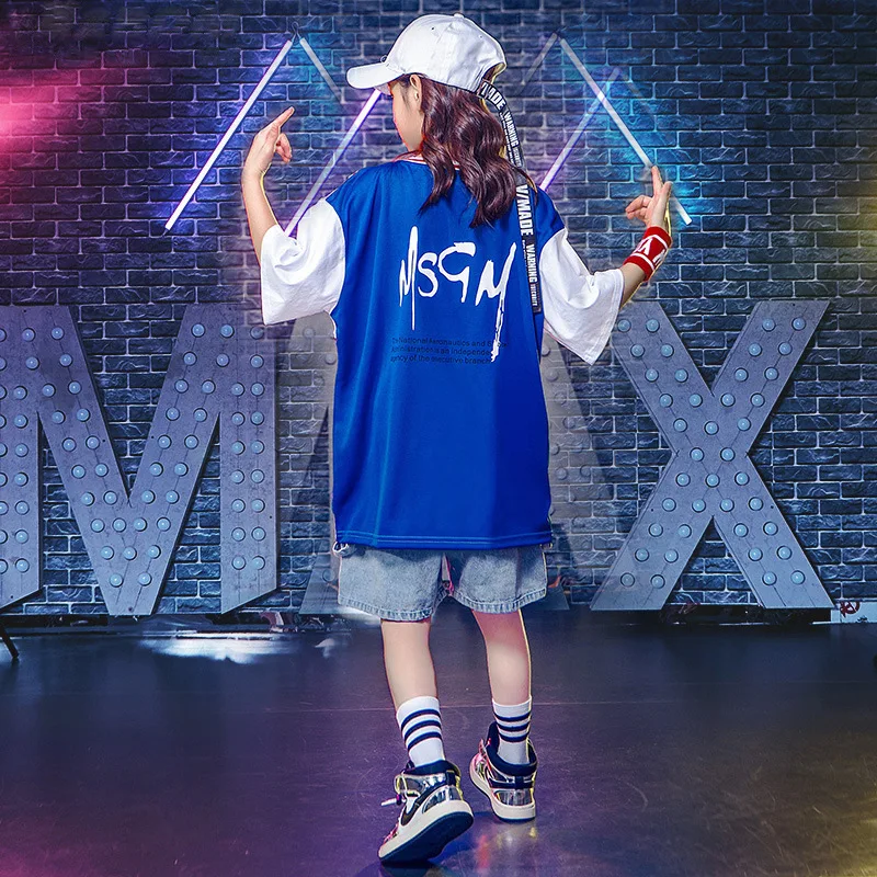 أطفال الهيب هوب الرقص زي صبي وسيم قصيرة الأكمام السراويل دعوى الأزرق أعلى الدنيم السراويل