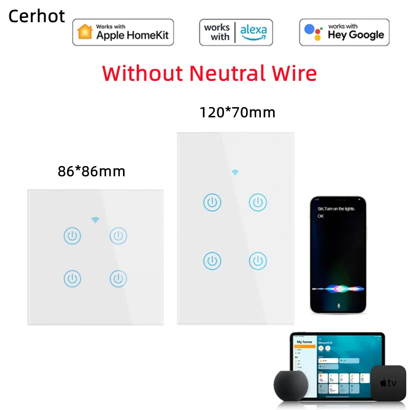 Cerhot Homekit WiFi Smart Switch Touch Key controllo Siri 1/2/3/4 Gang nessun neutro e neutro necessario Dual Mode WiFi Smart Switch