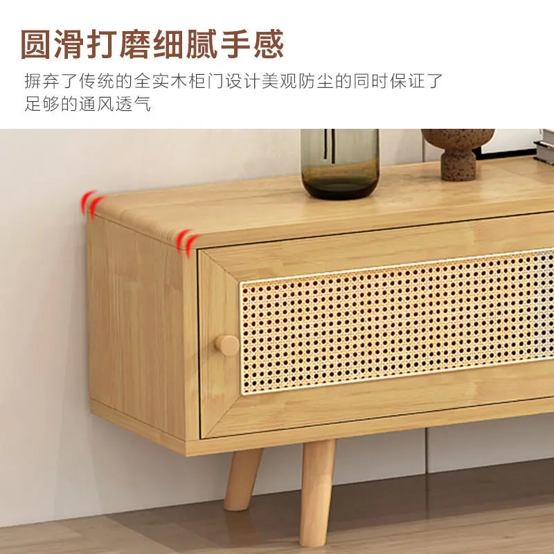 

Solid wood TV cabinet coffee table combination living room simple modern small apartment Nordic floor cabinet rattan