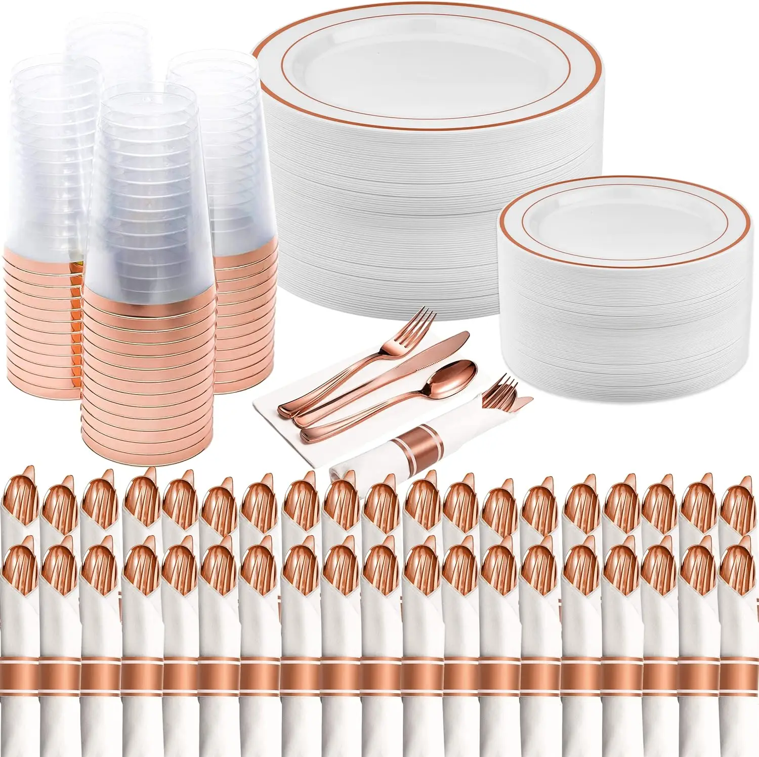 

350 Piece Disposable Dinnerware Rose Dinner Plates, Salad Plates, Knives, Forks, Spoons, Cups and Napkins