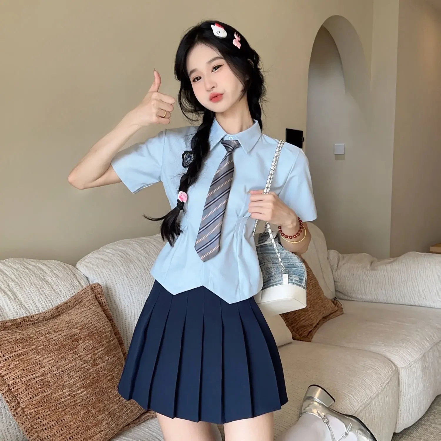 Set uniforme che abbraccia la vita in stile coreano Set camicia bianca slim fit uniforme autunnale da donna a maniche corte per ragazza sexy