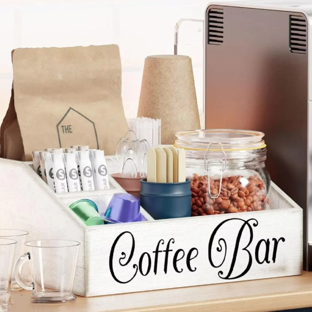 Multifunctional Wooden Countertop Coffee Bar Organizer Multi-compartment Durable Coffee Storage Box Rustic Tea Bag Basket Office