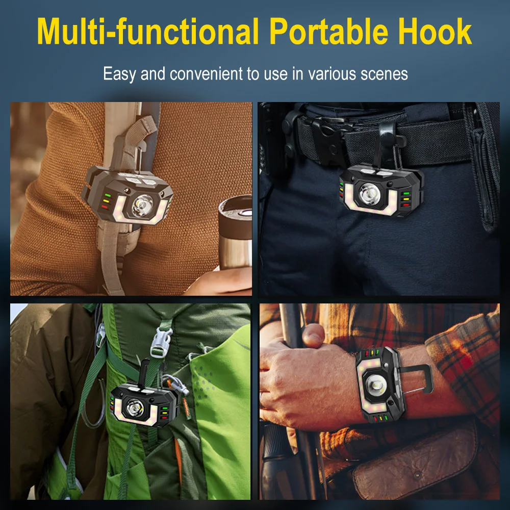 BORUiT Lampada frontale a LED con sensore di movimento con moschettone Tipo-c Faro ricaricabile Torcia frontale impermeabile Lanterna da pesca da campeggio