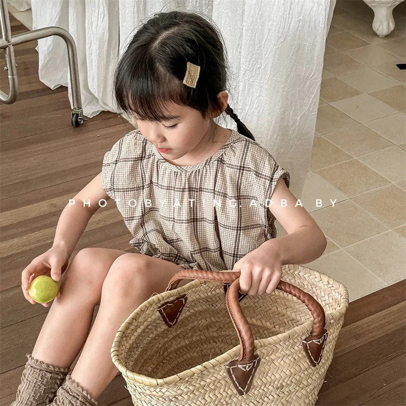 2024 Summer New Girls Sleeveless Plaid Shirts Kids Fashion Lace Blouses Children Loose T Shirts Baby Casual Tops Toddler Clothes