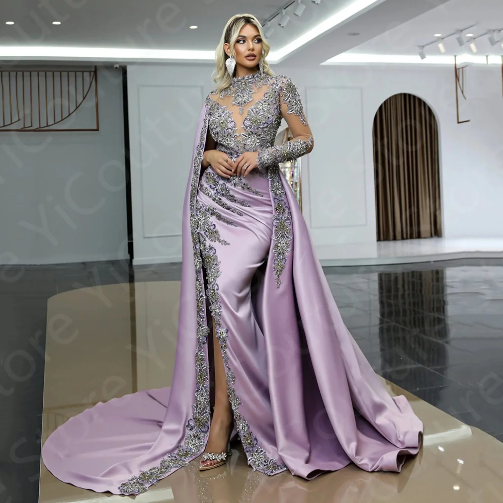 Luxury Light Purple Evening Dresses Long Sleeves Mermaid Prom Gowns Thigh Slit Applique Beaded Wedding Party Dresses High Collar