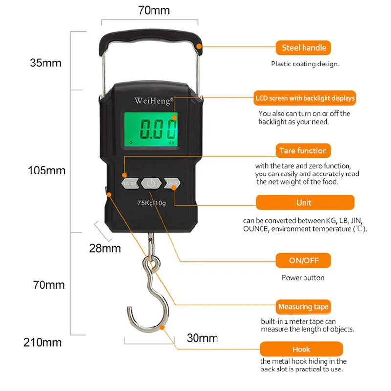 75kg/10g Portable LCD Electronic Hand Scale Handheld Electronic Scale Fishing Hook Scale with Retractable Measuring Tape