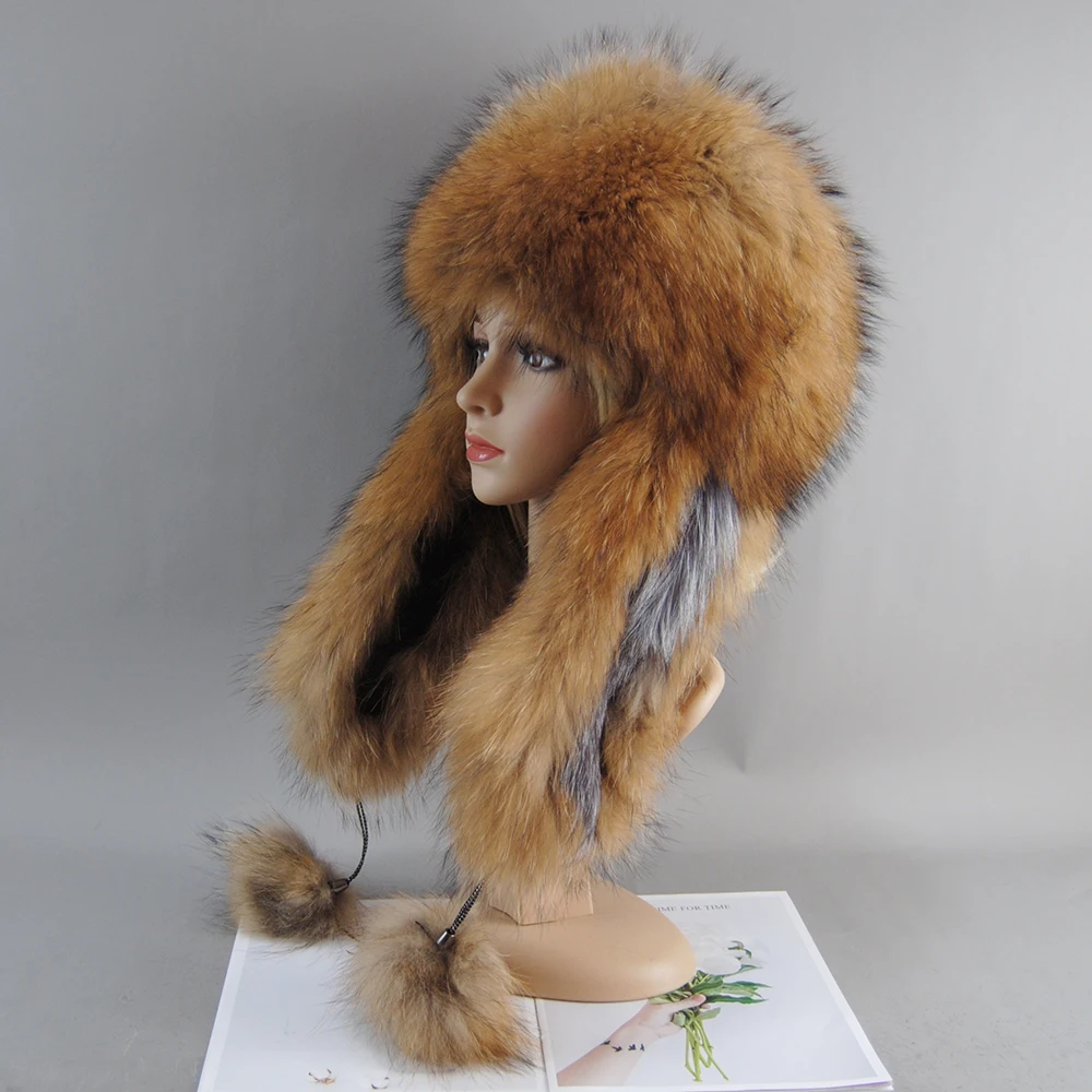 Winter Fur Hat for Women Hat with Ear Real Fox Fur Caps Russian Women Bomber Hats Bonnets Trapper Cap Solid Fox Hat Wholesale