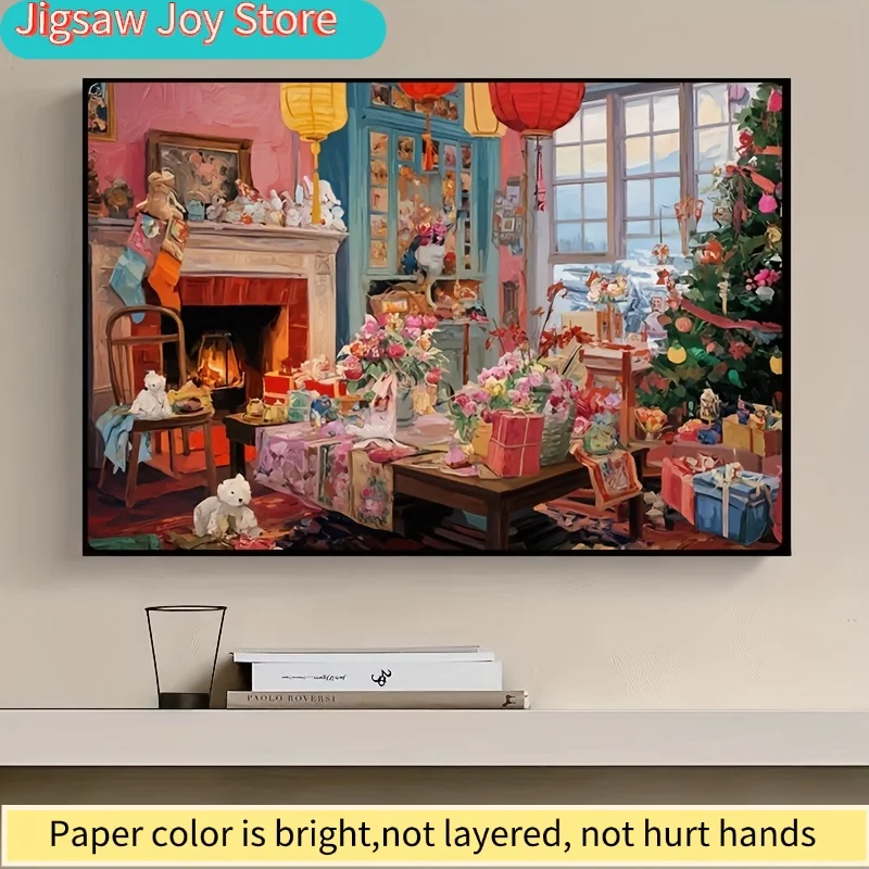 Een mini-papierpuzzel van 1000 stuks voor volwassenen, met de titel 'Kerstversiering in een gezellig huis', geschikt voor feestspellen en activiteiten