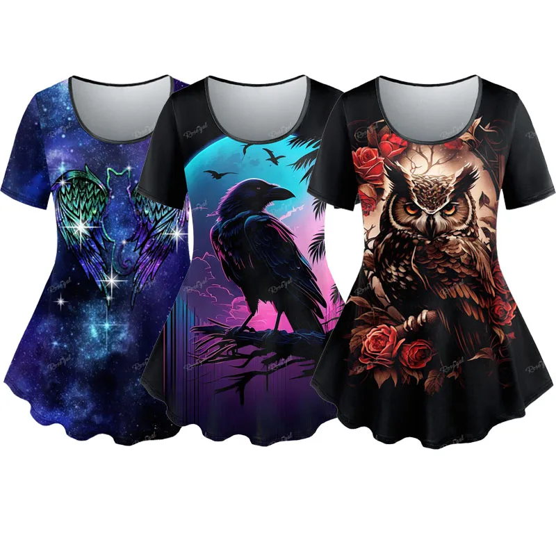 Plus Size Women's Clothing 3D Printed T-shirt Flower Owl Galaxy Wing Cat Glitter Graphic Tops XS-6X Casual Tees