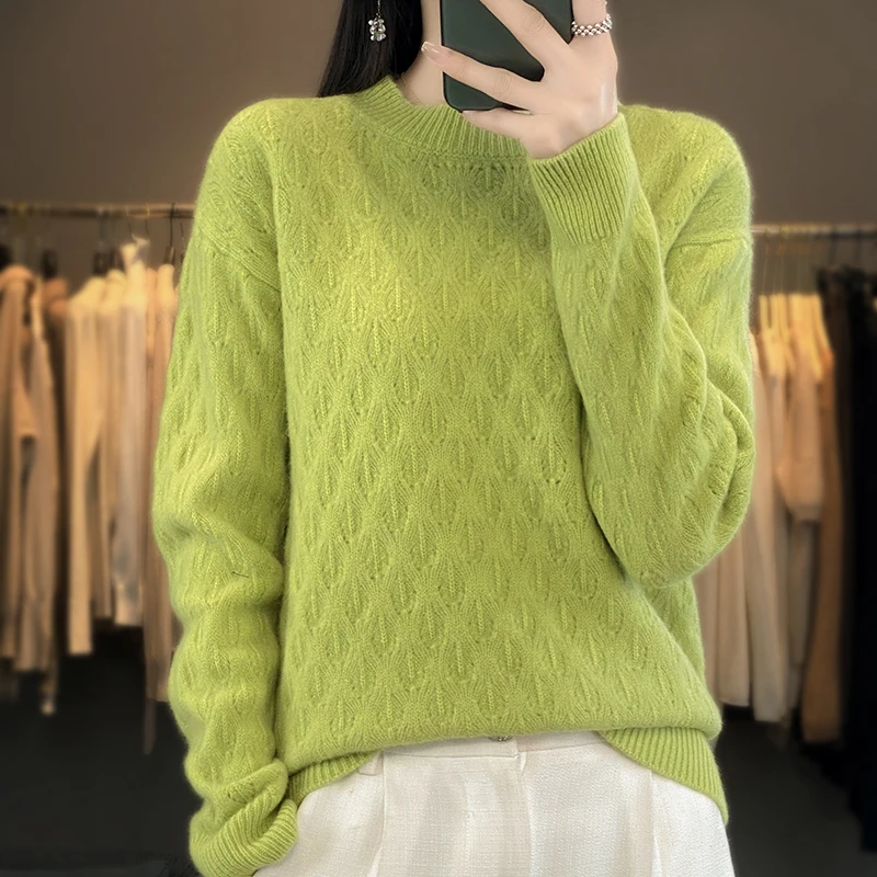 Autumn Winter Women Mock Neck Diamond Lattice Pullover Thickening Sweater 100% Merino Wool Clothing Cashmere Knitwear Female Top