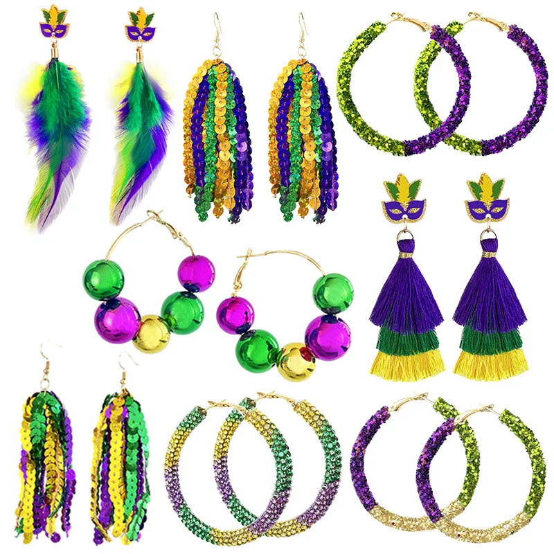New Carnival Earrings Festival Atmosphere Multi Material Earrings Sparkling Flaps Tassel Earrings Shining Beads Feathers Earring