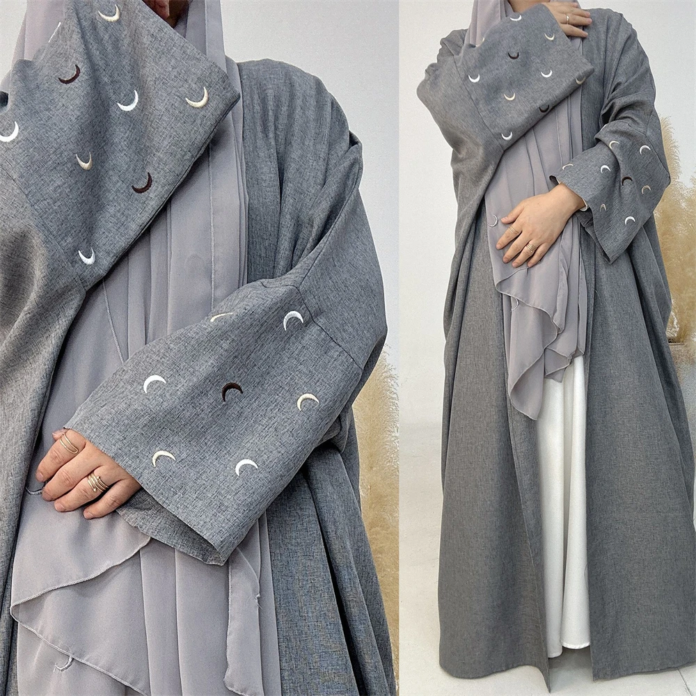 

Лунная вышивка Abaya, тонкая льняная ткань с эффектом летучая мышь, женская мусульманская одежда Дубая, хиджаб, Рамадан