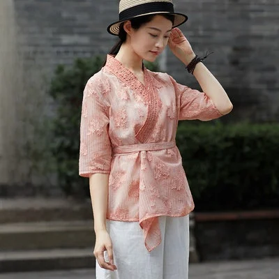 

Original Yanzu Stand Collar ort Sve Women's irt Thin Transparent Asymmetrical Front Closure Summer Faion Top