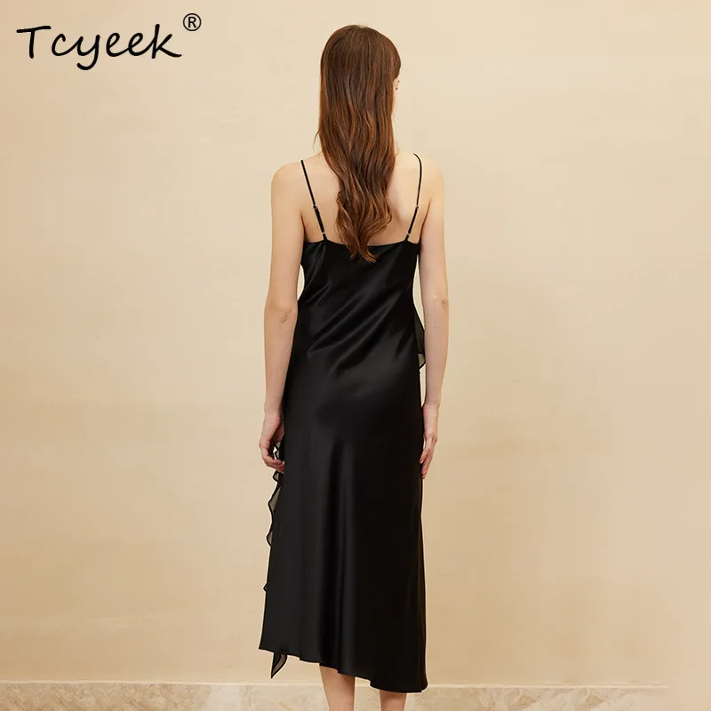 

Tcyeek, 19MM 100%Real Silk Nightgown, Women Ruffles Spaghetti Strap, Sexy Elegant Sleepwear, 2024 Summer New Dresses P44693QM