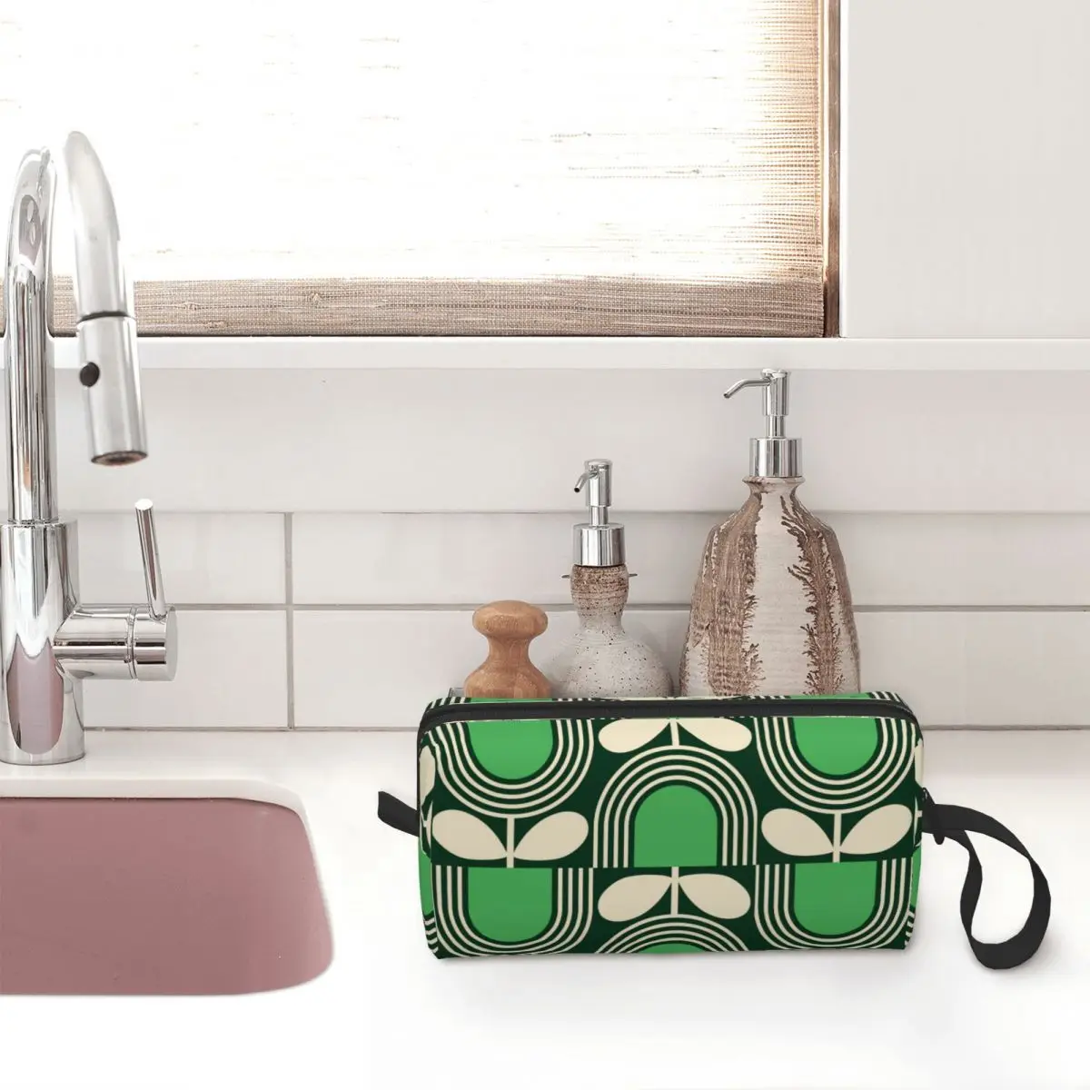 Custom Green Block Flower Makeup Bag Women Travel Cosmetic Organizer Fashion Orla Kiely Storage Toiletry Bags Dopp Kit Case Box