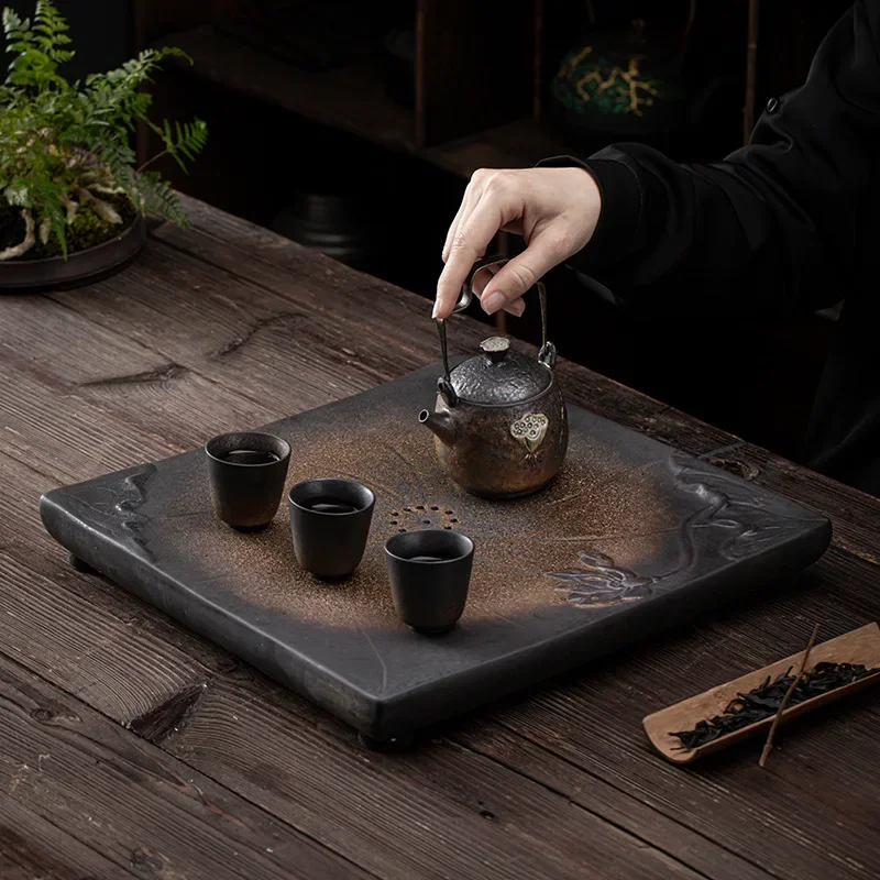 Square Heart Dry Pour Tea Tray Japanese-Style Large Water Storage and Drainage Dry Pour Tea Tray Ceramic Tray Saucer Tea Table