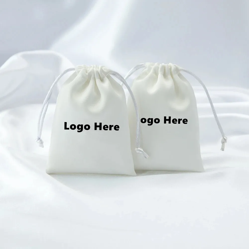 100pcs Custom Logo Name White Silk Jewelry Small Gift Bags Satin Drawstring Packaging Pouch Wedding Favors For Guests Candy Bag