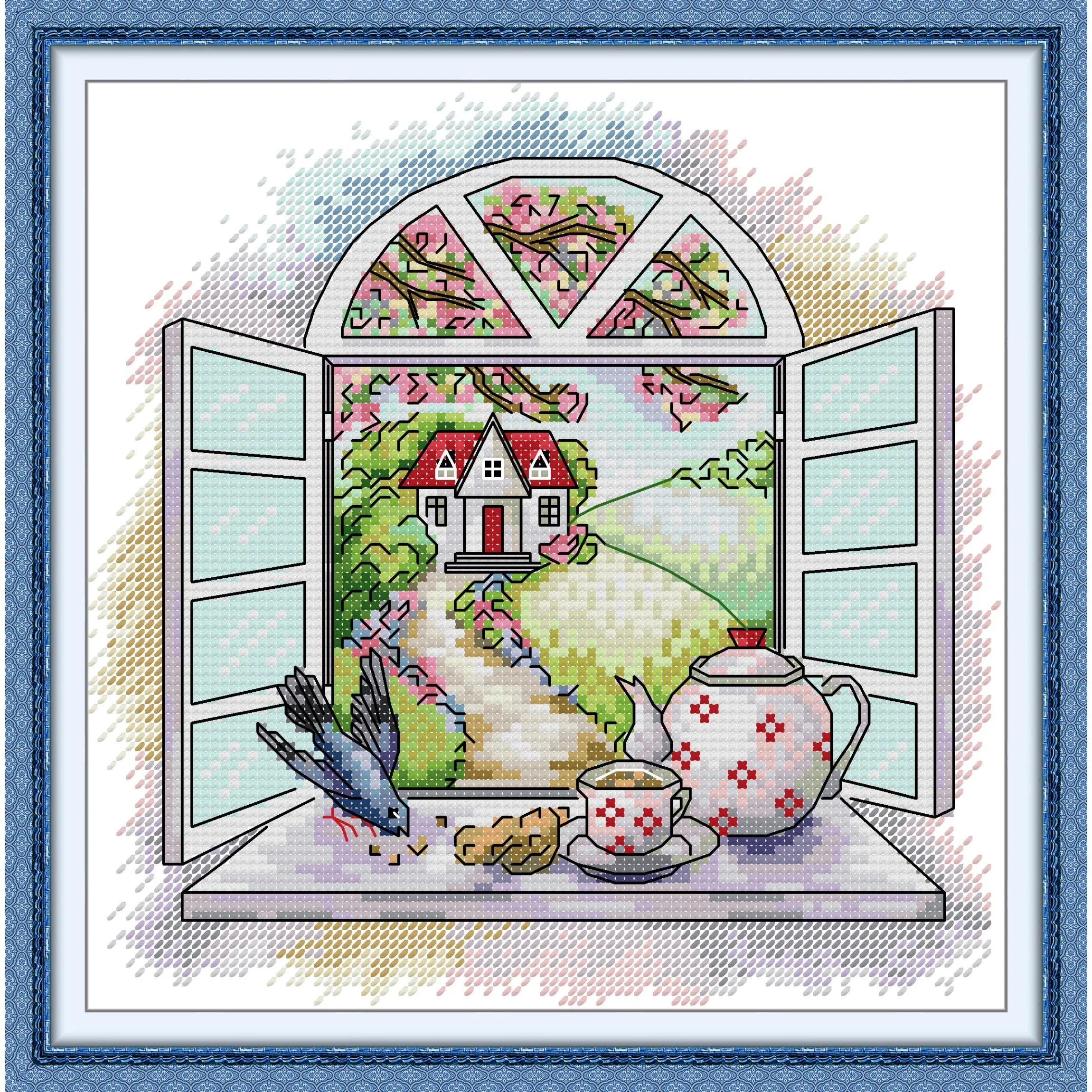 

Soulgift News Pre-Printed Cross Stitch Kit, Stamped Aida Fabric with DMC Threads, Embroidery Kit - Morning Tea in Spring