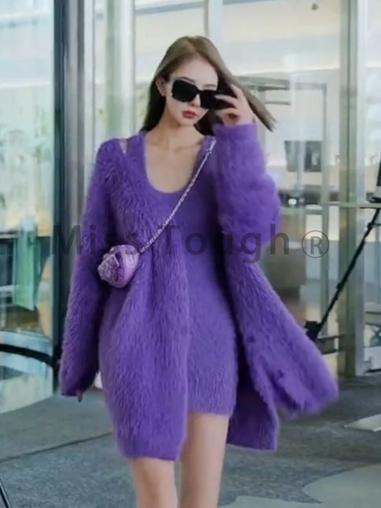 Purple Kawaii New Two Piece Set Women Korean Sweet Sexy Party Fluffy Dress Suit Female Solid Loose Coat + Casual Mini Dress 2024