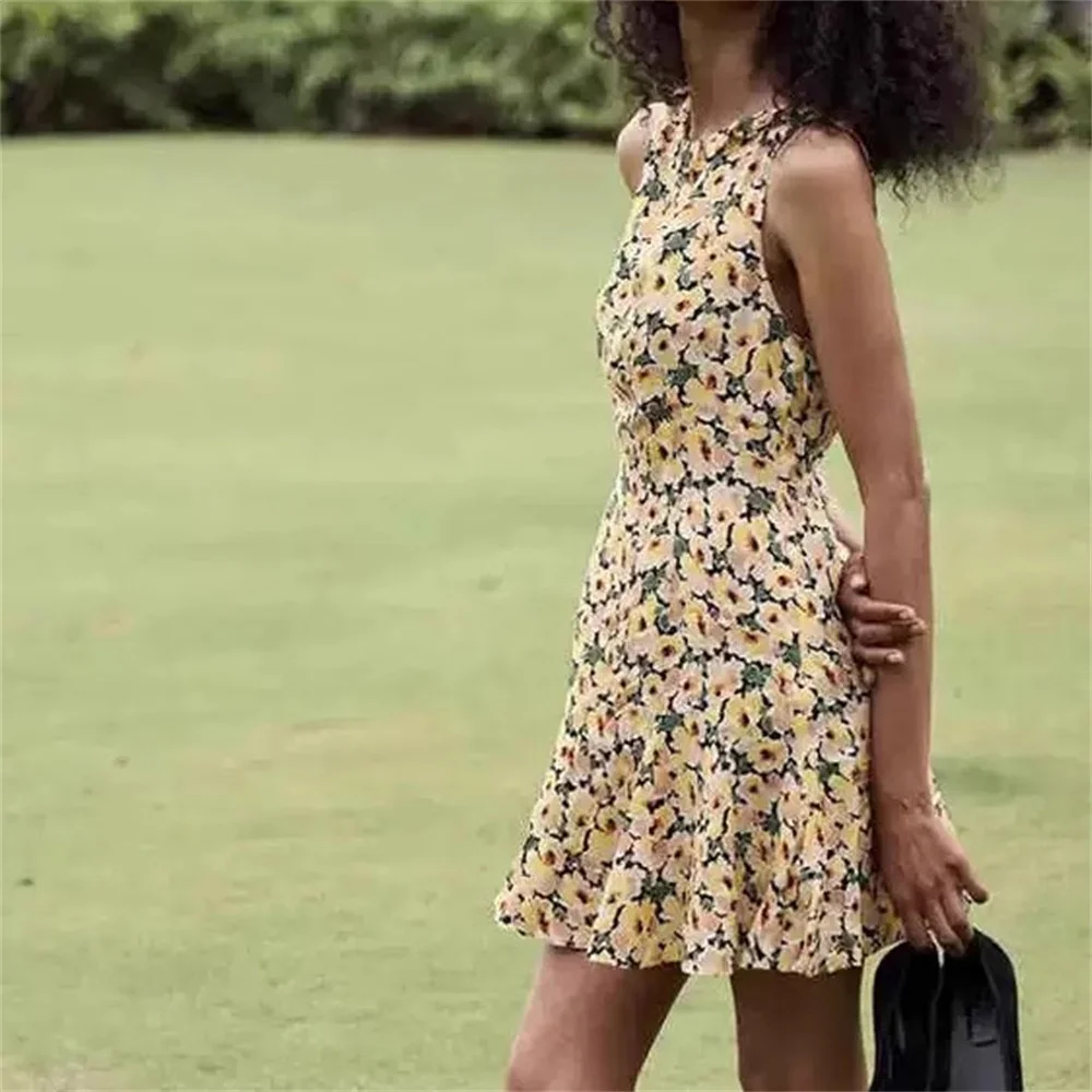 

Retro French Floral Print Summer Vest Dress Women Sleeveless Round Neck Tank Robe for Vacation