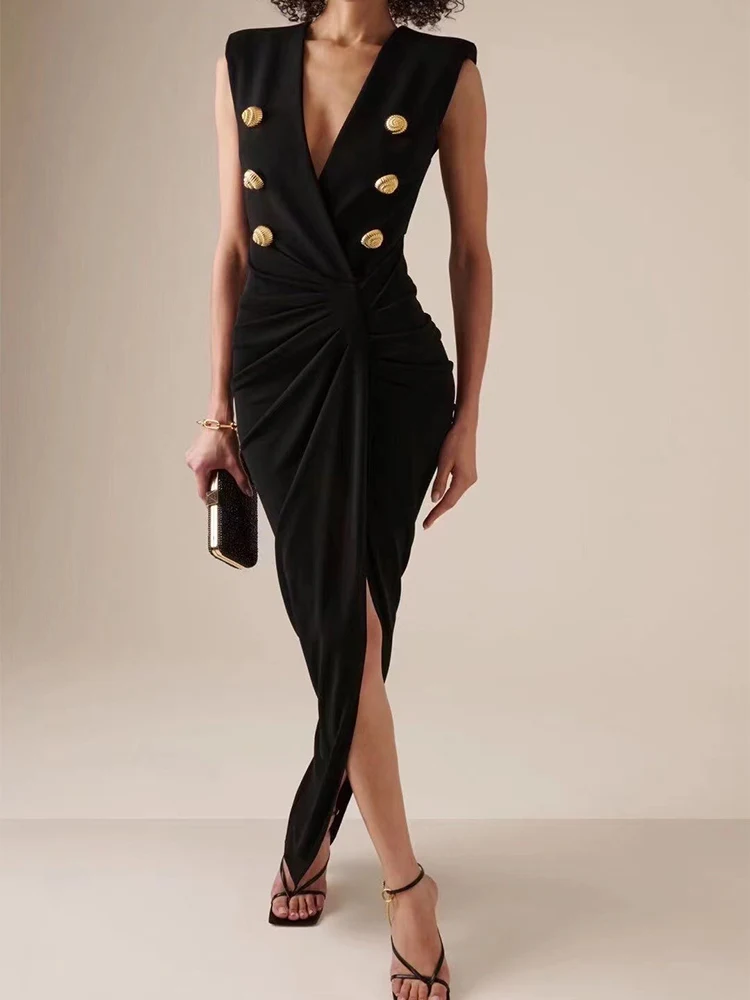 

Fashion temperament deep V double-breasted slim split dress 2025 summer women's new sexy birthday party banquet evening dress