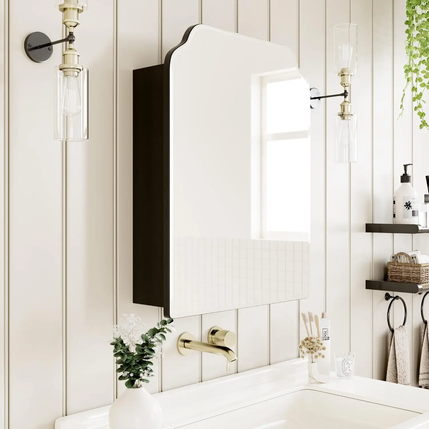 

Victorian-Style Recessed Bathroom Medicine Wood Wall Cabinet with Curved Mirror Storage Cabinet Black 16.5x24 Inch