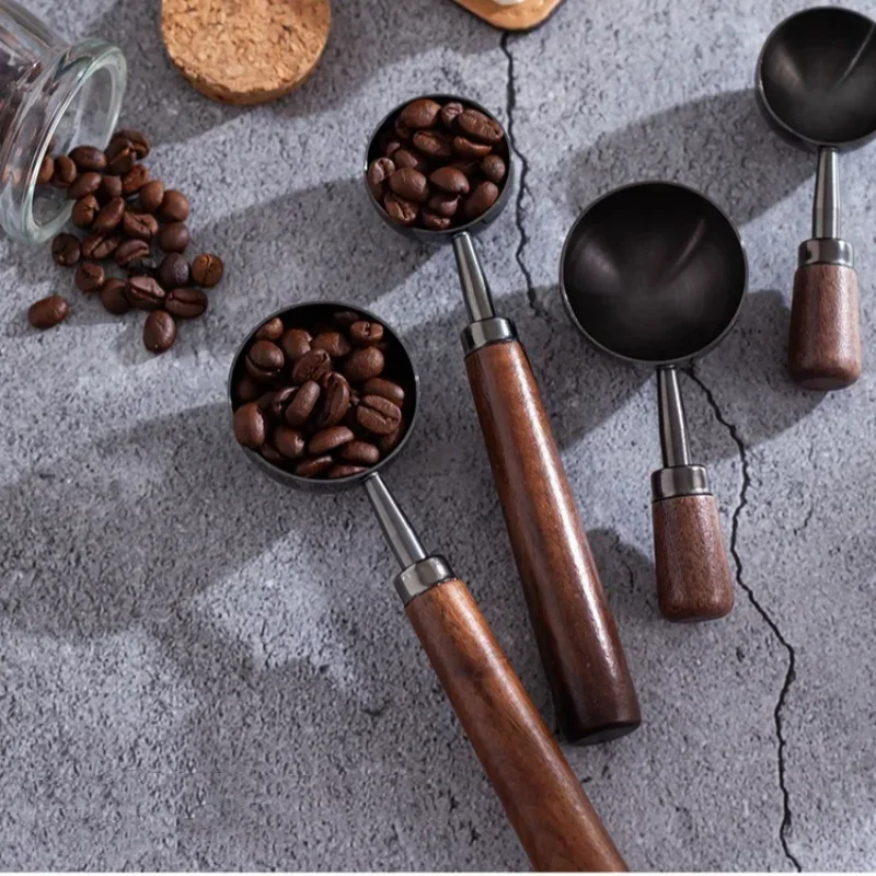 Stainless Steel Walnut Coffee Bean Measuring Spoons Household Tools High Profile Level Long Handle Coffee Powder Measuring Spoon