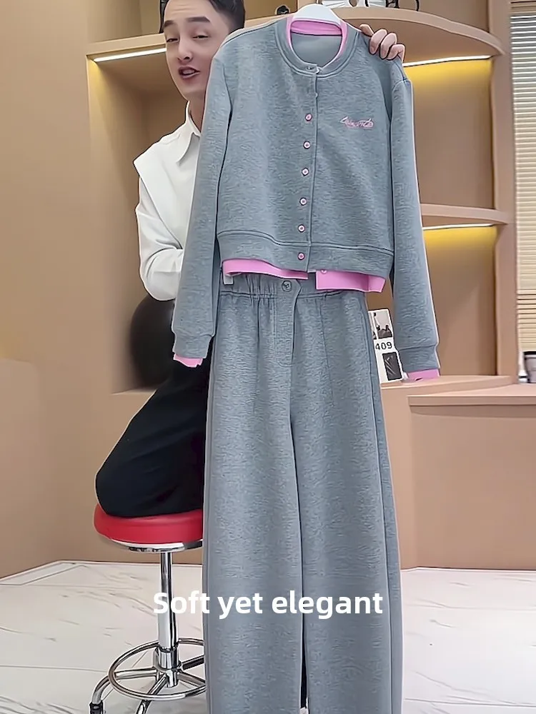 

Gray Casual Sportswear Set Women's Wide Leg Pants Top Two-Piece Suit Korean Style Anti-Aging Fashionable Autumn Outfit