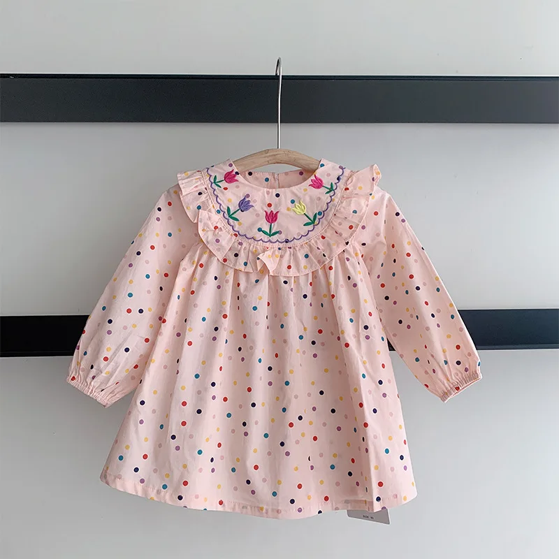 

Tulip Embroidered Dress for Girls with Colorful Polka Dots and Ruffled Edges