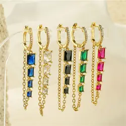 HECHENG,Trend Style Rectangle Zircon Fashion Tassel Chain Earrings For Women Elegant Jewelry Gifts Modern Daily Jewelry