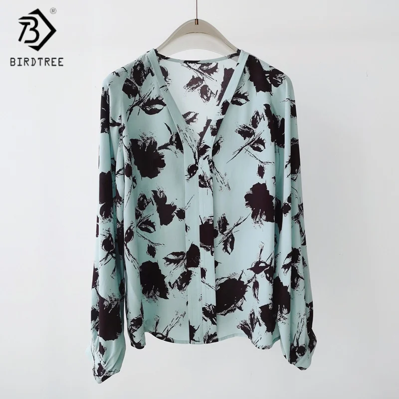 

Birdtree,18MM 100% Real Silk Print Blouse,Women's Sand Washing Double Crepe Tops,V-neck,Lantern Sleeve,2025 New Shirt T5D217JF