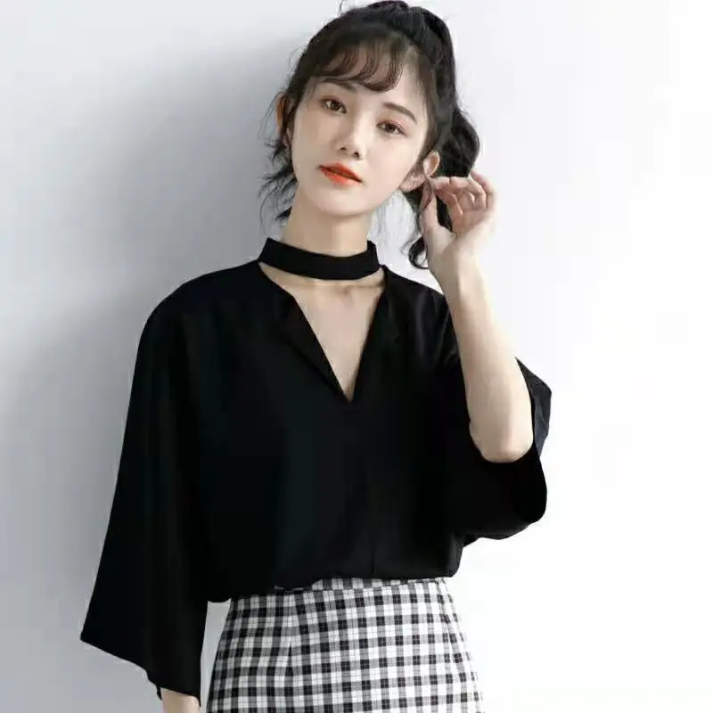 Women Summer Korean Simplicity Loose Solid Color Appear Thin V-neck 3/4 Sleeve Shirts Women Clothes Casual All-match Trend Tops