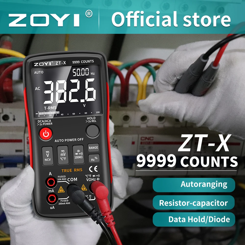 Multimètre numérique ZOYI ZT‑X 9999 points de lecture True RMS à sélection automatique de la plage, avec fonctions NCV, tension, courant, résistance, capacité et température