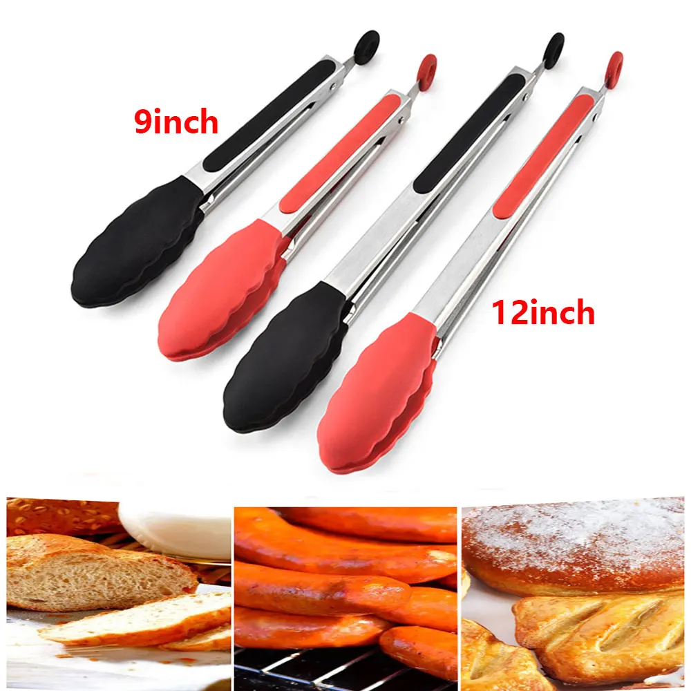 

1PC Silicone Kitchen BBQ Tongs Stainless Steel Locking Cooking Tongs with Silicone Tips Non-Slip Food Tongs for Cooking 9/12inch