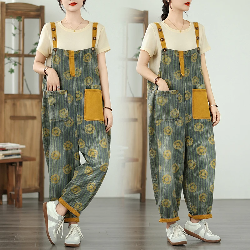 Summer New Style Loose Casual Fashionable Floral Denim Overalls High Waist Cotton Polyester Blend Comfortable All-Match Artistic