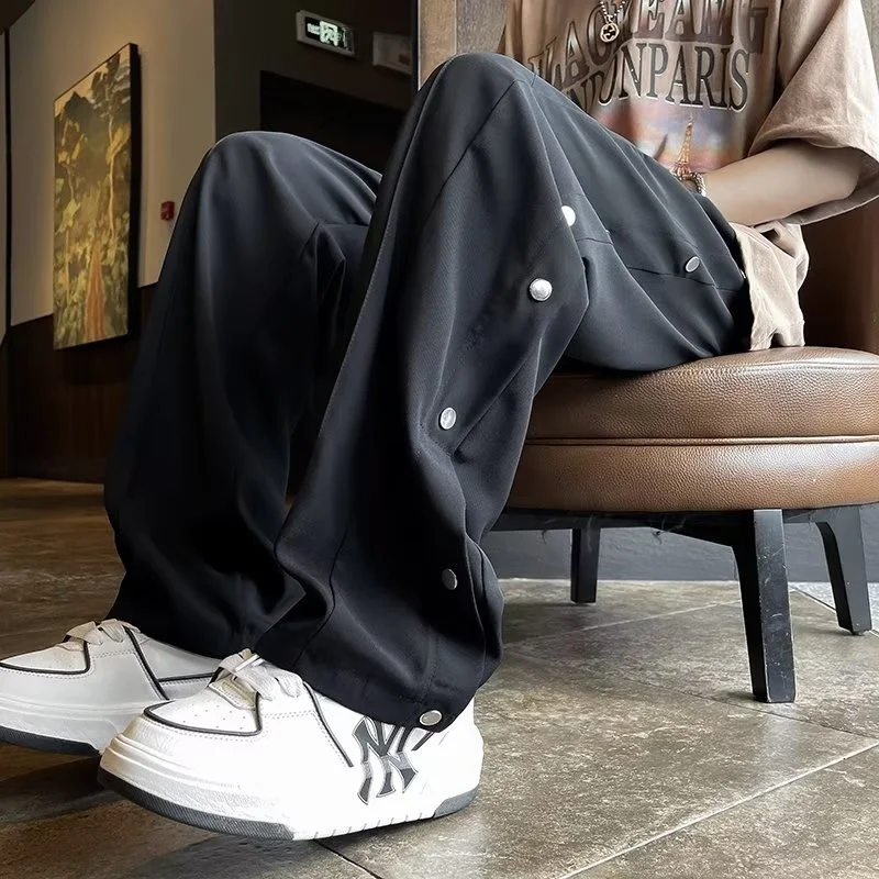 

American Hiphop Wide Leg Casual Pants High Street Trend Big ket Button Loose Workwear Design Summer Youth Polyester Fiber