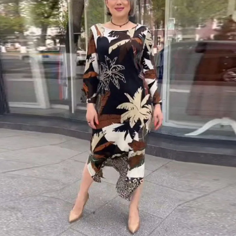 

Elegant Women Printed 3/4 Sleeve Long Dress Fashion Casual Lady Office A Line Dress 2023 Autumn Female Beach Pullover Maxi Dress