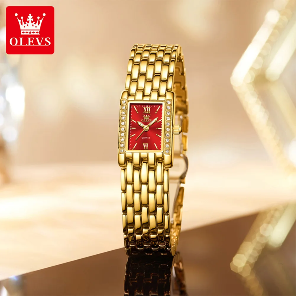 OLEVS Original Women Watches Gold Red Square Quartz Watch Waterproof Stainless Steel Watches For Woman Diamond Bezel Clock