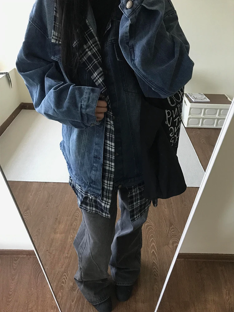 Grote maat Amerikaanse retro high street geruite denimjas dames herfst winter los ontwerp Sense jas bovenkraag knoop...