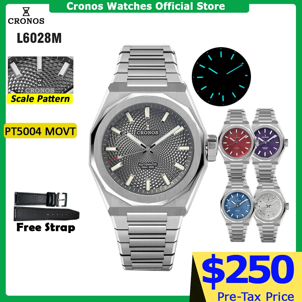 

Cronos Luxury Men Watch 39mm Automatic PT5000 Wristwatches Scale Pattern Sapphire 10ATM See-through Back Grey Dial