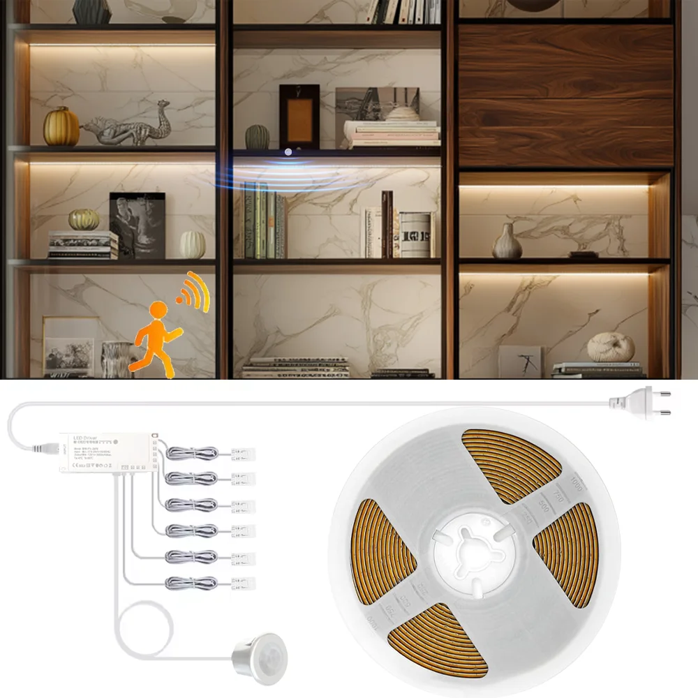 12v調光可能なledキャビネットライトcobストリップキッチン棚パントリーショーケース寝室クローゼットバックライトランプpirモーションセンサースイッチ