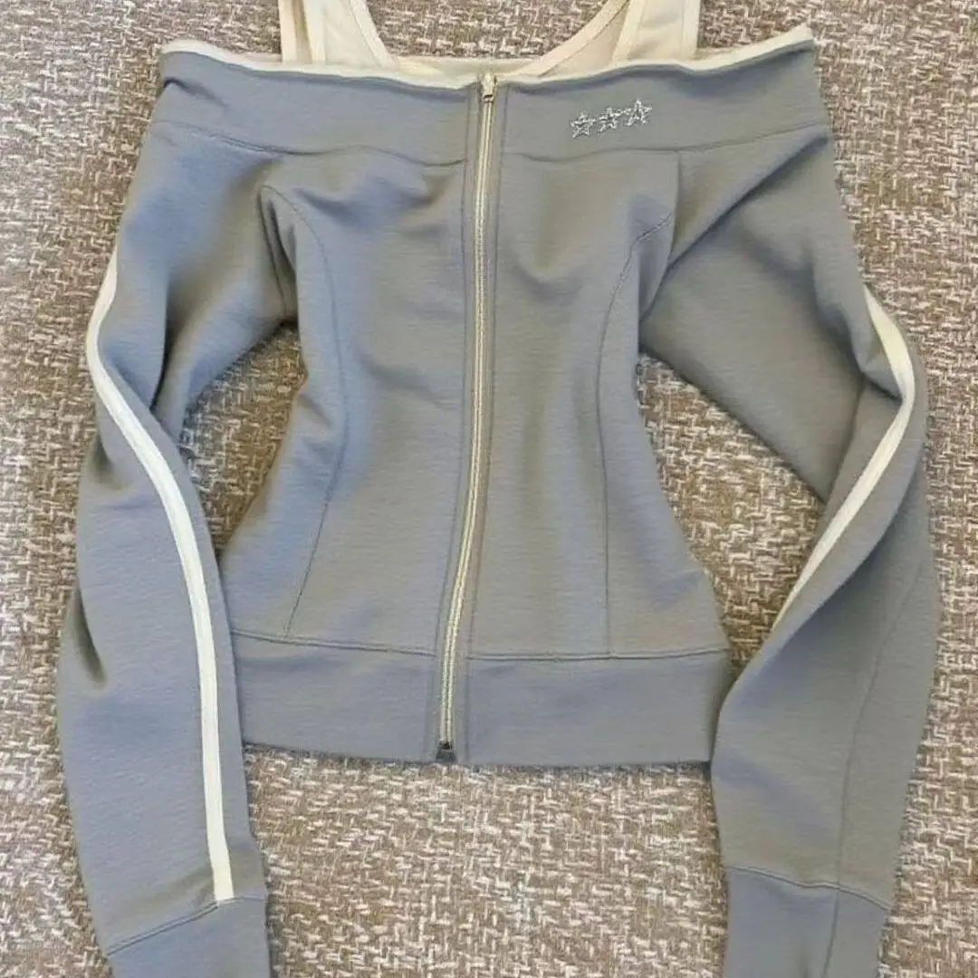 

Женская серо-голубая толстовка-куртка на молнии в корейском стиле Y2K, винтажная, с эффектом двухслойности, для весны и осени, в стиле Spicy Girl, с цветными вставками