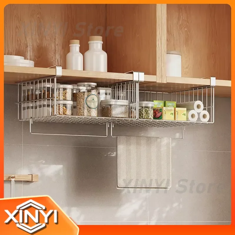 for 304 Stainless Steel Kitchen Cabinet Under Shelf Rag Storage Rack Wall Hanging Above Shelf Organizer for Home Kitchen